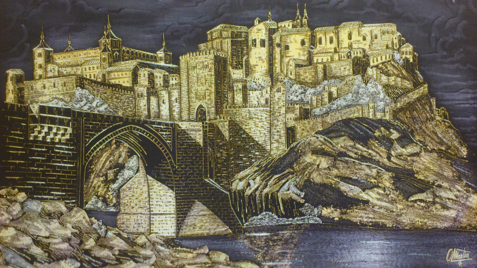 Cuadro damasquinado con vistas de Toledo, puente de Alcántara