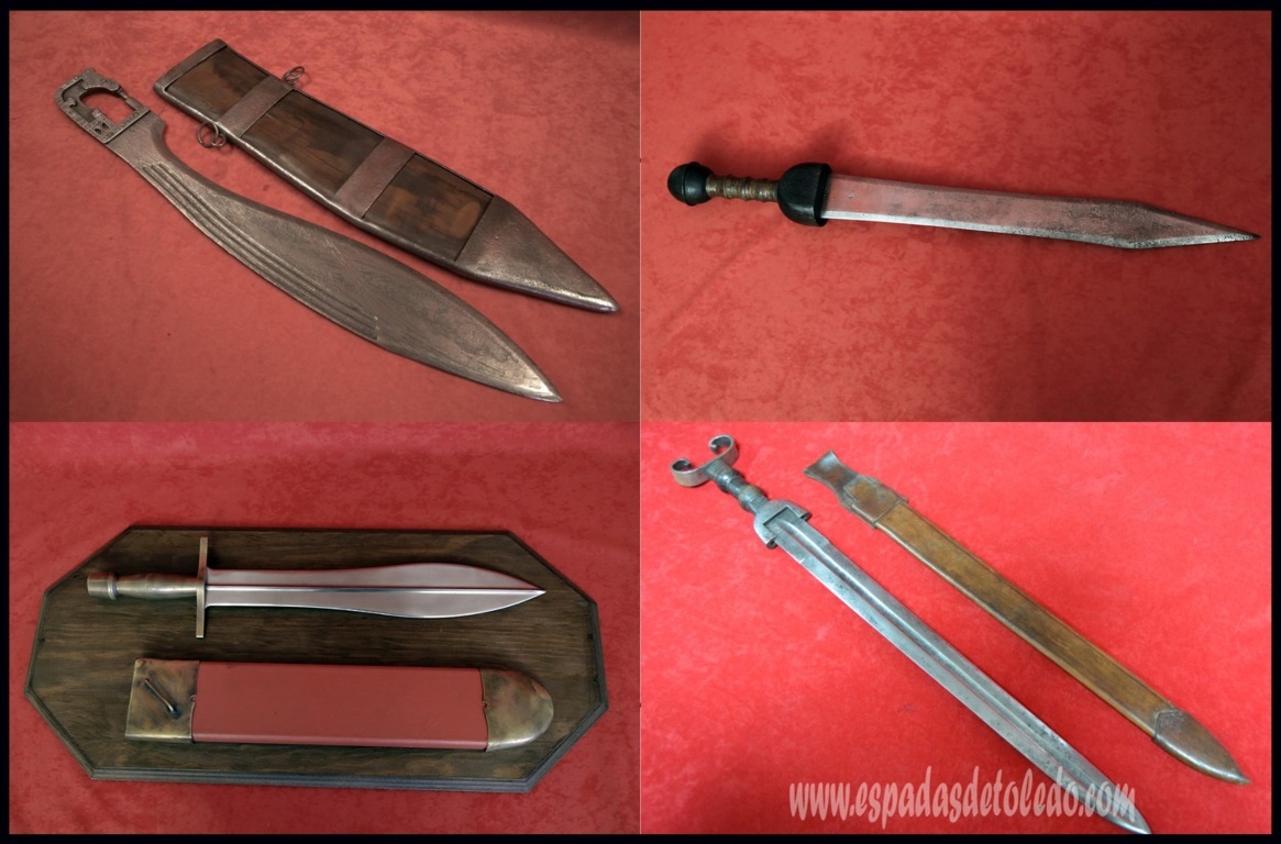 Juego ayúdanos a decidir cual es la mejor espada de la historia. Imagen de cuatro espadas de la anigüedad. La falfaca, la espada celta de antenas, el Xifos de esparta y el Gladius Hispaniensis.